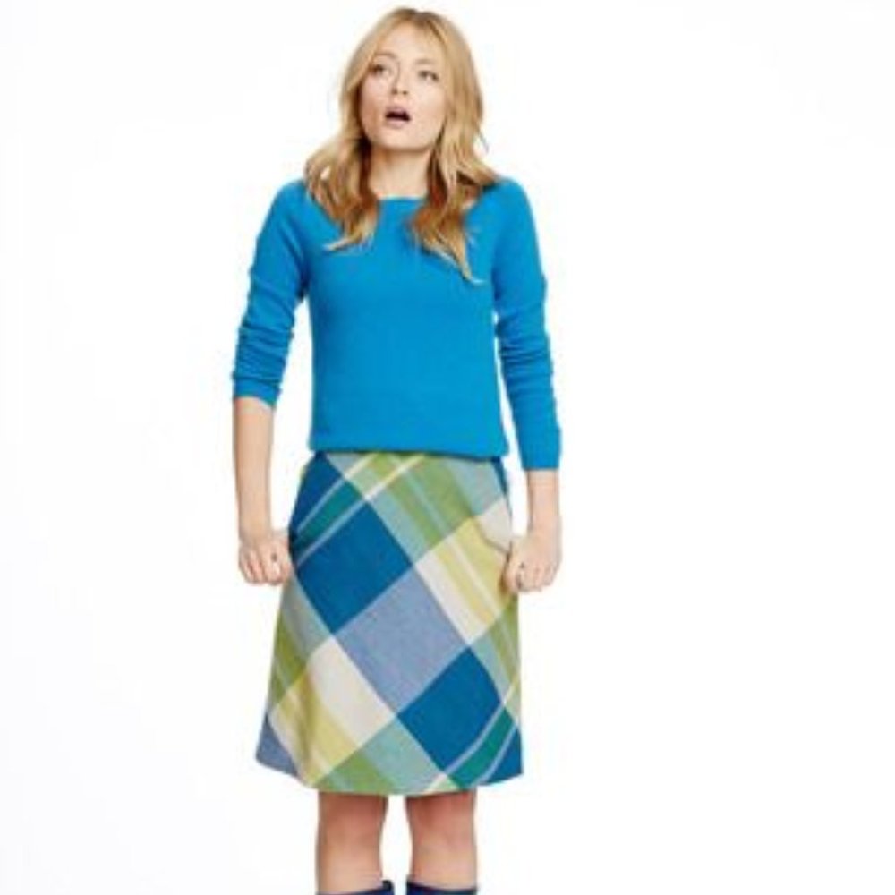 BODEN Blue Yellow Plaid Skirt A-Line Wool Blend NEW